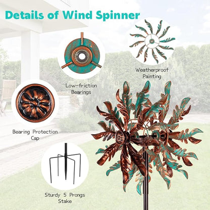 DREAMSOUL 360° Wind Spinners Outdoor, Metal Double Wind Spinner with Stable Stake Windmill for Yard Garden Decor (63 * 14 Inches)