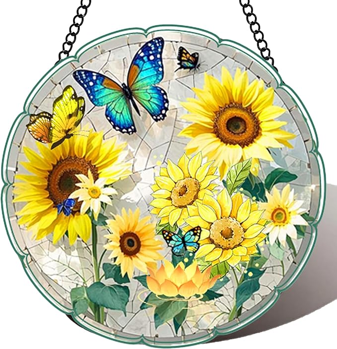 Stained Glass Window Hanging Sunflower 8 Inch, Indoor Outdoor Wall Art Home Decor, Sun Catchers,Birthday for Women Men