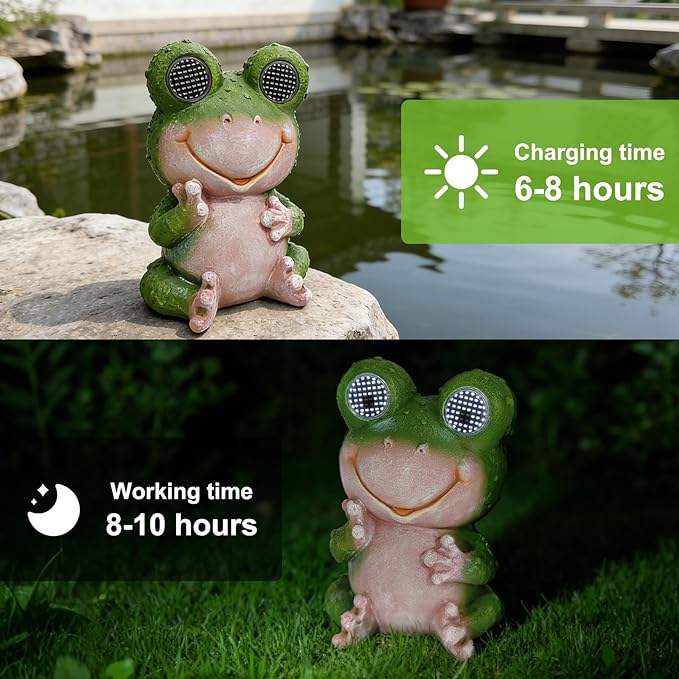 Solar Frog Garden Statue with LED Blinking Moving Eyes, Resin Solar Powered Outdoor Frog Decor, IP65 Waterproof Frog Statue for Garden Yard Patio Lawn Porch, Funny Garden Gift for Mom