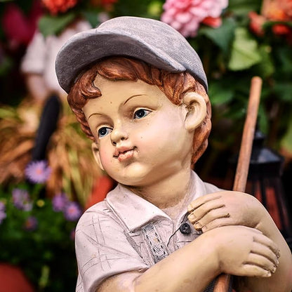 Solar Boy Statue, Boy Garden Statues with Solar Lantern for Garden, Patio, Lawn, Yard, Housewarming, Hand-Painted Sculpted Figure, 17.5”H