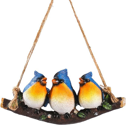 Decorative Hanging Bird Ornament, Three Blue Birds on Branch, Garden Outdoor Decor, Hanging Tropical Bird Patio, Lawn, Tree Porch Decor Large Size: 11 inches