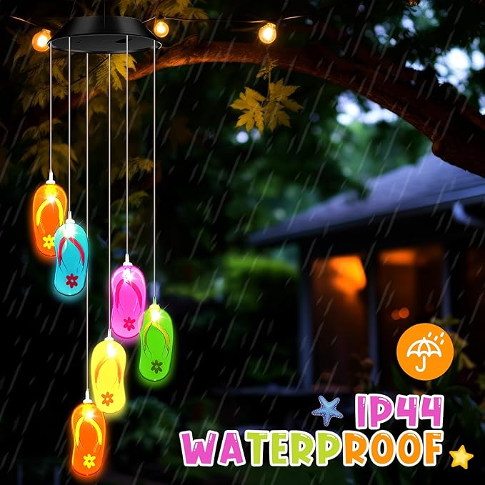 Wonderjune Tropical Beach Themed Slipper Solar Wind Chimes Flip Flop Outdoor Summer Beach Decorations Lights Mobile Wind Chime LED Lights for Garden Patio Yard Porch Hawaii Party Gifts