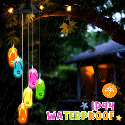 Wonderjune Tropical Beach Themed Slipper Solar Wind Chimes Flip Flop Outdoor Summer Beach Decorations Lights Mobile Wind Chime LED Lights for Garden Patio Yard Porch Hawaii Party Gifts