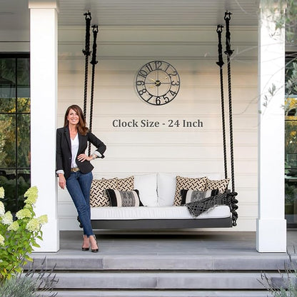 Large Clock, 24 Inch Wall Clock Battery Operated, Modern Black Metal Decorative Outdoor Clock for Patio, Pool Area, Kitchen, Garden, Deck, Farmhouse, Living Room