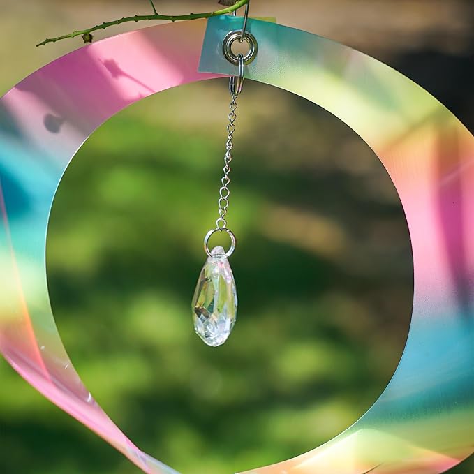 In the Breeze 9158 — Striped Iridescent Mylar Spin Quartet with Crystal — Colorful Suncatcher Wind Spinner for Yards and Gardens with Plastic Crystal…