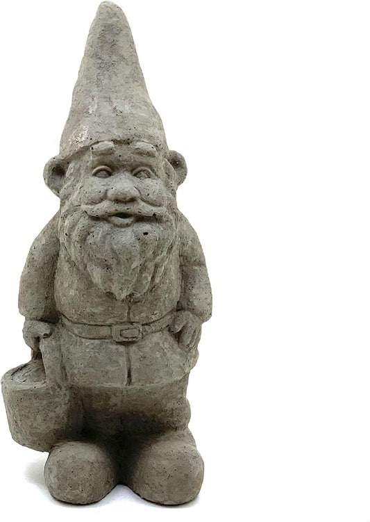Garden Gnome with Bucket: Solid Durable Stone Statue with Vintage Texture. Sealed for Outdoors. Handcrafted USA. (Antique/Gray)