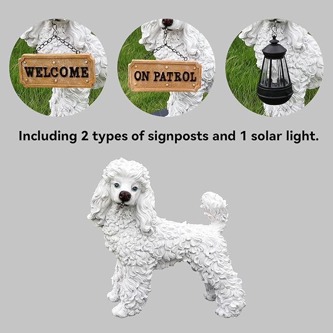 White Poodle Garden Statue with Solar Lantern & Double-Sided Welcome Sign, 14" Realistic Dog Sculpture, Waterproof Resin Poodle Figurine for Yard Lawn Patio Decor, Gift for Poodle Lovers