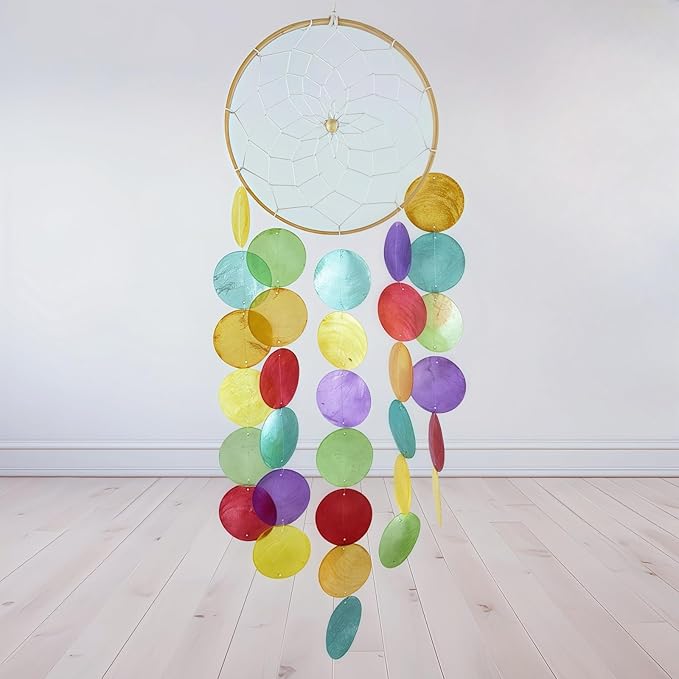 Wind Chimes for Outside Handcrafted Rainbow Dream Catchers Capiz Shells Seashell Sea Glass Arts Windchime Beach Coastal Crafts Garden Decor Gardening for Women Patio Finds