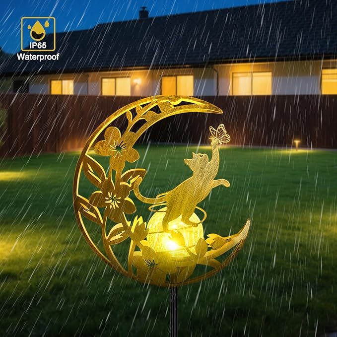 Moon Cat Waterproof Outdoor Cat Lover Solar Light for Garden, Yard, Patio Decor, Auto On/Off, Long-Lasting Battery, Unique Gift for Women Mom, Grandma, Christmas