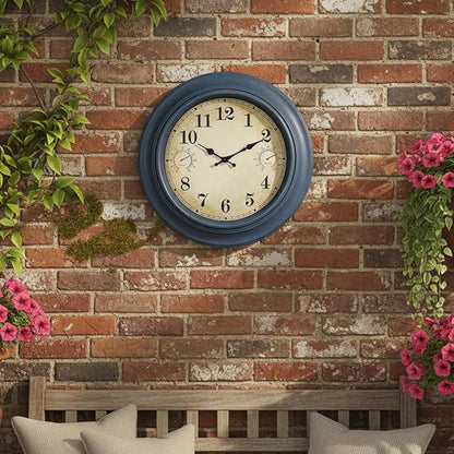 18 Inch Large Outdoor Wall Clock with Thermometer & Hygrometer, Waterproof Retro Blue Garden Clock for Patio, Pool, Backyard, Farmhouse Decor, Silent Non-Ticking