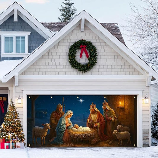 HOMETITUTE Nativity Scene Garage Door Banner 13x6ft Baby Jesus Backdrop with light Animals Stable Religious Christmas Yard Decor for Outdoor Wall Mural Holiday Display