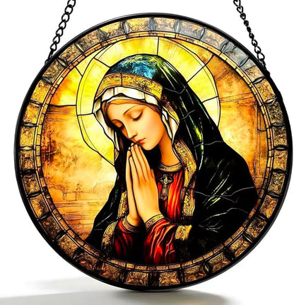 Funoasis Stained Glass Window Hanging 6.3 Inches Suncatcher - The Virgin Mary with Hands Clasped Together and A Headscarf On Her Head Ornaments Sun Catcher Home Decor Women Birthday