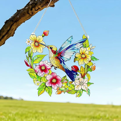 Stained Glass Window Hanging Hummingbird and Flower Suncatcher, Marzovitra 10 Inch Colorful Window Art Bird Sun Catcher for Home Decor, Garden, Patio Gift for Nature and Bird Lovers (Blue Hummingbird)