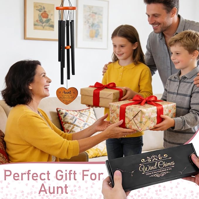 Aunt Gifts Wind Chimes for Outside - Metal Windchime with Wooden Pendant, Greeting Card & Black Box - Unique Birthday for Auntie from Niece Nephew, Garden Hanging Decor