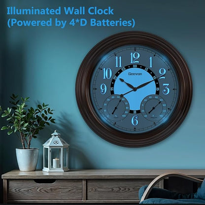 Geevon Illuminated Outdoor Clocks Waterproof with Temperature & Humidity, 18 Inch Large Lighted Wall Clock for Patio, Pool & Garden, Retro Metal Bronze Frame