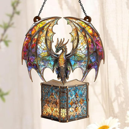 Jesuspirit - Window Hanging Suncatcher – Crystal Clear Acrylic & Wood Sun Catcher for Home Decor, for Women (I Am A Book Dragon, 6 Inches)