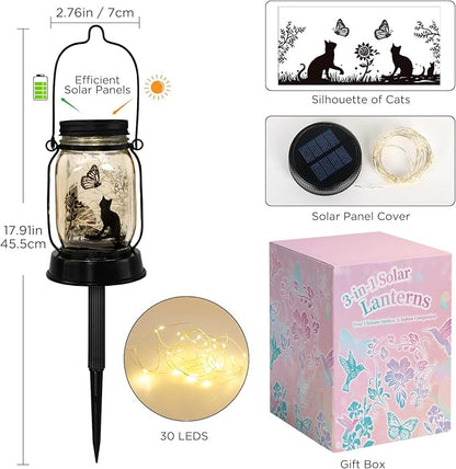 Cat Lover Gifts for Mom/Grandma/Women/Sister Cat Butterfly Solar Light Gifts Mother Day Gift Solar Lanterns Outdoor Waterproof Fairy Lights Led Mason Jar Hanging Cat Lamps Decor for Garden Yard