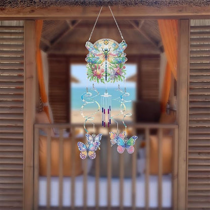 DIY Wind Chime Pendant Spring 3D Diamond Art Painting Hanging Ornament Double Sided Diamond Suncatchers for Window Home Backyard Garden Wall Door Decor-Dragonfly