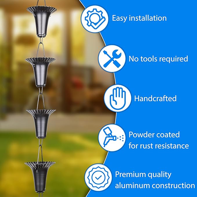 RainChains Pacific Fluted Cup Rain Chain 8.5ft Black Aluminum Rain Catcher Chain Decorative Rain Chains for Gutters.