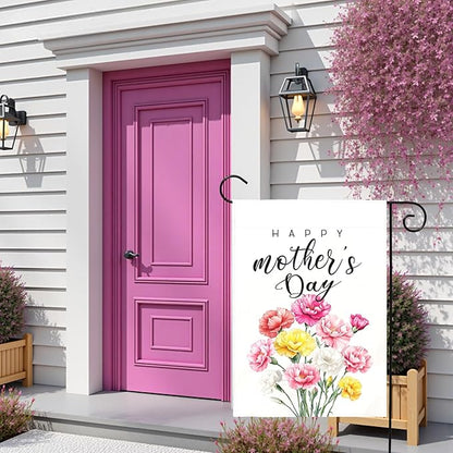 Happy Mother’s Day Garden Flag Floral Carnation Yard Flag for Mom Elegant Spring Flower Outdoor Decor Mothers Day Gift Garden Lawn Porch Patio Double Sided Welcome Flags 12x18 Inch