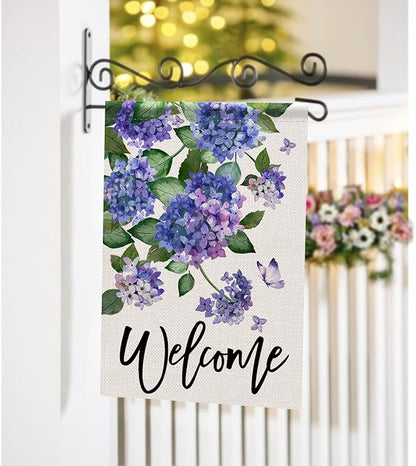 Welcome Spring Hydrangea Decorative Garden Flag, Purple Floral Flowers Butterfly Yard Outside Decorations, Summer Farmhouse Outdoor Small Home Decor Double Sided 12 x 18