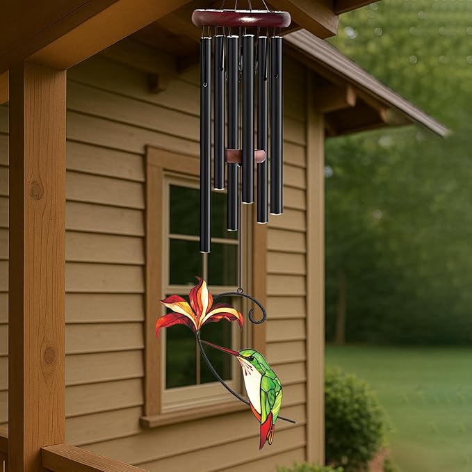 Personalized Metal Wind Chime Garden Sign, 40 Inch Outdoor Colorful Bird & Flower Memorial Decor, Yard Hanging Plaque for Patio Porch Lawn (JSTY370)