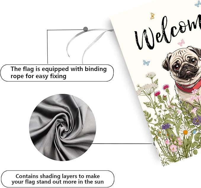 Floral Pug Garden Flag Spring Summer House Flags 28 x 40 Double Sided Flower Dog Yard Flags for Outside Large Outdoor Welcome Flags