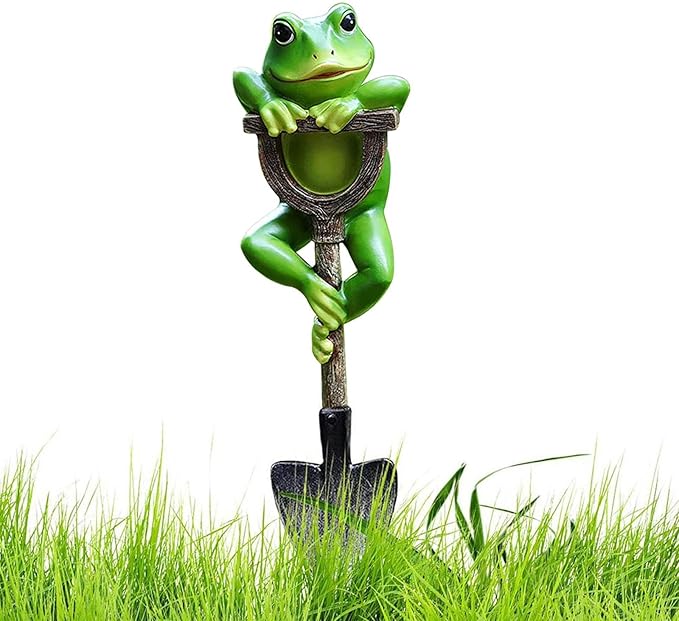 Outdoor Resin Garden Statue with Shovel, Handcrafted Frog Dwarf Rabbit Turtle Figurines for Lawn Decor, Weather-Resistant Yard Sculpture Art, Garden Ornament for Patio Lawn Landscape (Light Green)