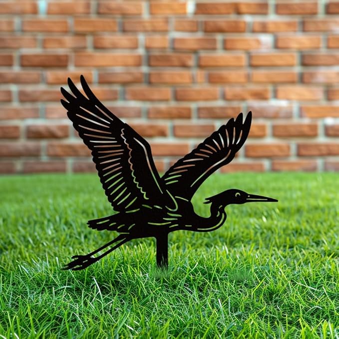 WADORN Flying Egret Metal Decorative Garden Stakes, Black Heron Outdoor Statues Silhouette Funny Bird Wildlife Lover Gifts Stakes Ornaments for All Season Yard Art Garden Patio Backyard Lawn Decor