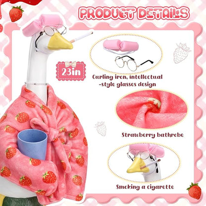 Porch Goose Statue Outfits Set Porch Goose Clothes with Bathrobe Curlers Costumes for 23" Plastic Statue Patio Yard Garden Lawn Outdoor Decoration(Pink, Strawberry)