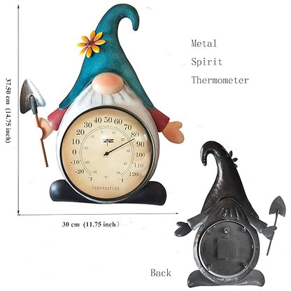Metal Gnome Thermometer Indoor Outdoor Wall Art Decor Plaque Sculpture Hanging Mounted for Living Room Bedroom Kitchen Workroom Patio, Waterproof, No Battery Required