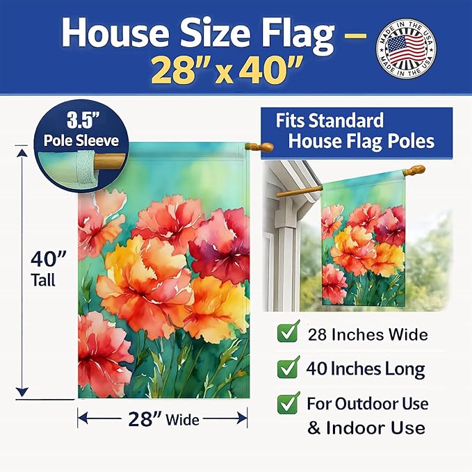 Caroline's Treasures Ohio Scarlet Carnations in Watercolor House Flag Large Porch Sleeve Pole Decorative Outside Yard Banner Artwork Wall Hanging, Polyester, House Size, Multicolor