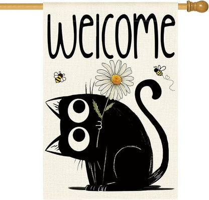 AVOIN colorlife Black Cat Spring Summer House Flag 28x40 Inch Double Sided Outside, Seasonal Daisy Welcome Yard Outdoor Flag