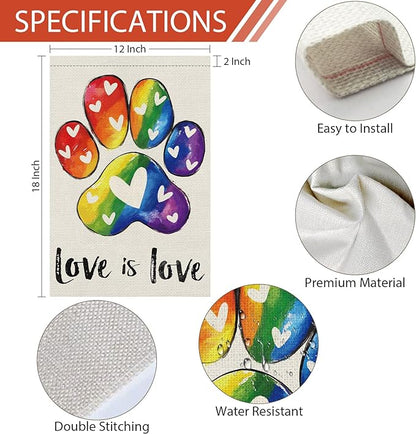 Heyfibro Love is Love Pride Garden Flag 12x18 Double Sided Burlap, Rainbow Footprints Gay Lesbian LGBT Pansexual Yard Banner for Pride Month Outdoor Decoration (ONLY FLAG)