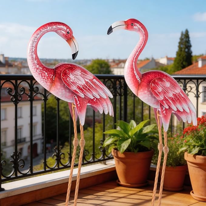 Natelf Pink Flamingo Yard Decorations, Metal Garden Statues and Sculptures, Standing Bird Lawn Ornaments for Patio Backyard Pond Decorations Set of 2