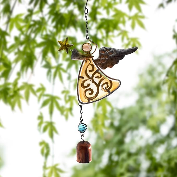 MrMrKura Metal Angel Wind Chime Hanging Decoration Ornament Wing Angel Bell Decorative Hanging Bells, Gifts for Home Garden Decor Crafts (Yellow)
