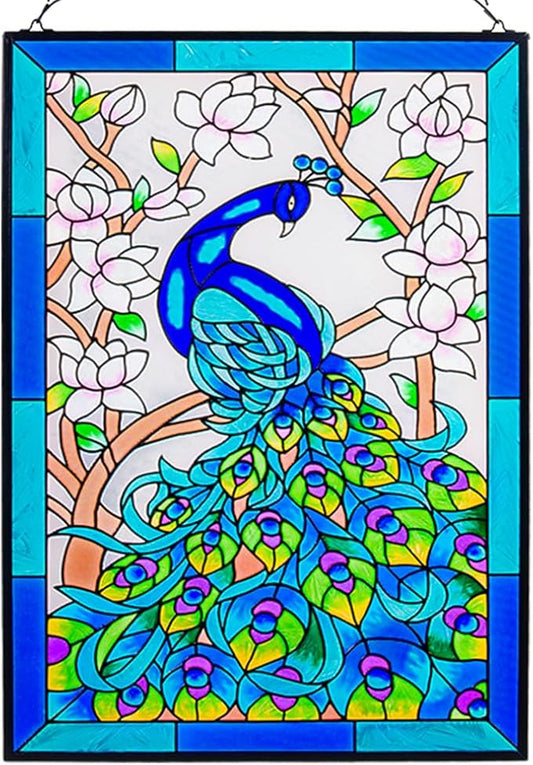 VEWOGARDEN W10 xH15 Peacock Art Glass Suncatcher Hand Painted Stained Glass Window Hangings Panel Decor with Chain