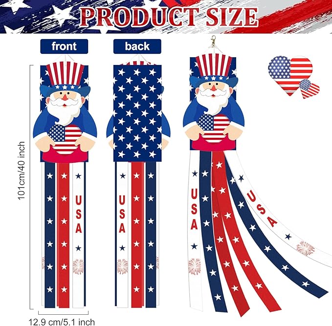 40 Inches Uncle Sam Windsock Decoration, Patriotic USA Themed Hanging Outdoor Wind Sock Ornament with Red, White, Blue Streamers, 'USA' Lettering, and Stars for 4th of July, Memorial Day, Veterans Day