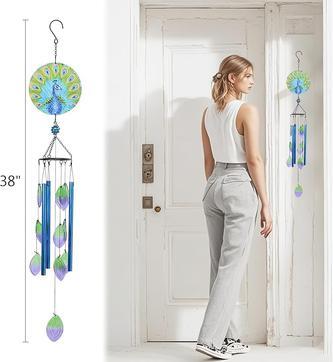 Taman Wind Chime - 38" Peacock Glass Wind Chimes Valentine's Day Gift for Outside Decorative Memorial Gift, Aluminum Tubes for Home, Outdoor, Yard, Patio,Garden Decor