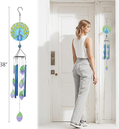 Taman Wind Chime - 38" Peacock Glass Wind Chimes Valentine's Day Gift for Outside Decorative Memorial Gift, Aluminum Tubes for Home, Outdoor, Yard, Patio,Garden Decor
