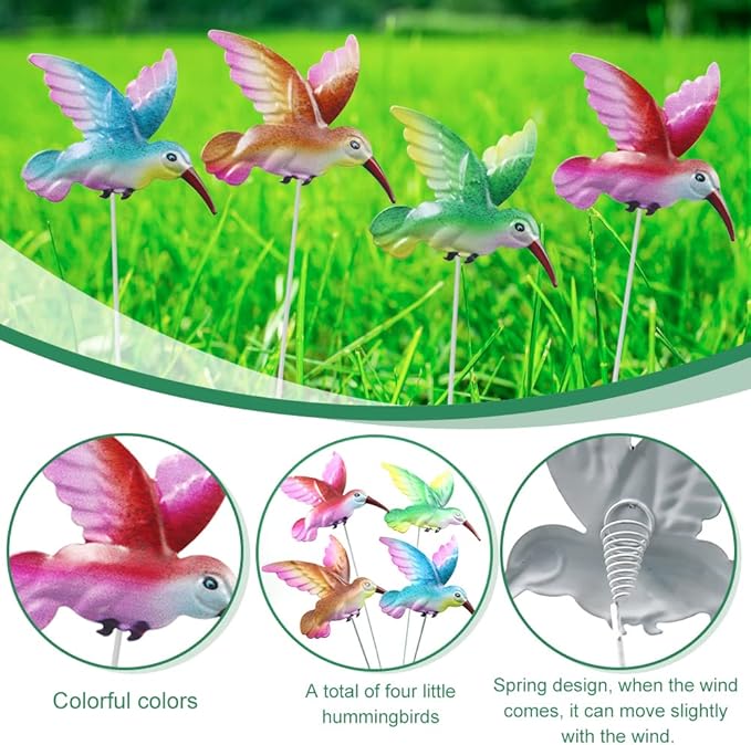 4 Pcs Hummingbird Garden Metal Stakes Set, 14 Inch Tall Hummingbird Garden Stakes Decor, Outdoor Garden Decor, Metal Bird Decorative Garden Stakes, for Lawn Pathway Patio Plant Pot Flower Bed (Bird)