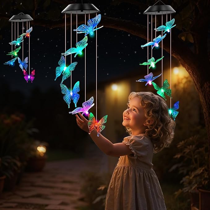 WENANA Blue Butterfly Solar Wind Chimes Color Changing Lights Outdoor, Best Gifts for Mom Grandma Women Wife Aunt Daughter Sister, Unique Mobile Wind Chime, Gardening Yard Decorations