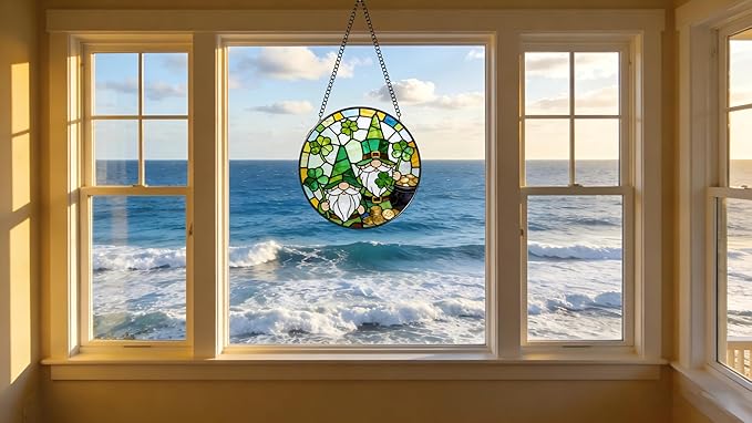 Funoasis Stained Glass Window Hanging Suncatcher - 6.3 Inches St. Patrick's Day Gnome Clover and Gold Coin Ornaments Sun Catcher Home Decor Spring Decoration