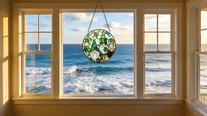 Funoasis Stained Glass Window Hanging Suncatcher - 6.3 Inches St. Patrick's Day Gnome Clover and Gold Coin Ornaments Sun Catcher Home Decor Spring Decoration