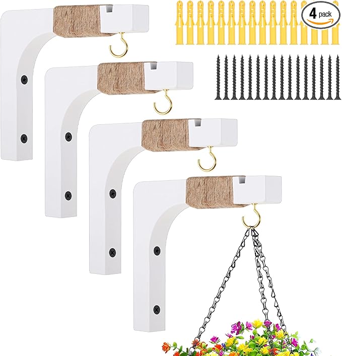 4 Pack Wooden Plant Hangers Hanging Wall Plant Hooks Farmhouse Wooden Hanging Basket Wall Hooks for Lanterns, Flower Bracket, Wind Chimes, Lamp, Bird Feeders, Patio Decor, White, 6 inch