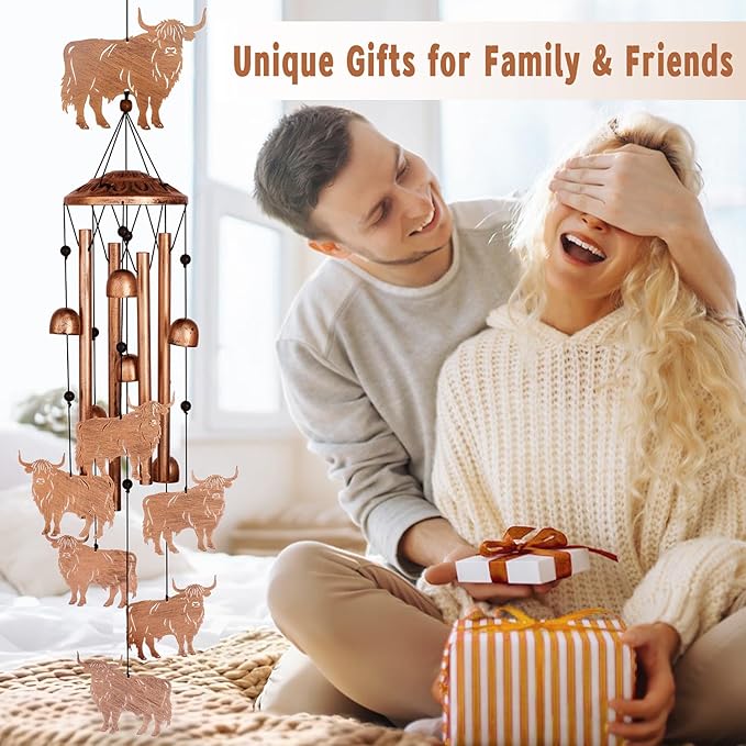 GDNSFIT Highland Cow Wind Chimes for Outside, Metal Windchimes Outdoors, Highland Cow Gifts for Women/Men, Memorial/Birthday Gifts, Garden Decor for Outside, Patio or Yard, Durable Chimes for Outdoors