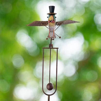 Red Carpet Studios Garden Stake Yard Art Metal and Glass Balance Rocker with Stake, 20-Inches, Flying Bluebird in Hat