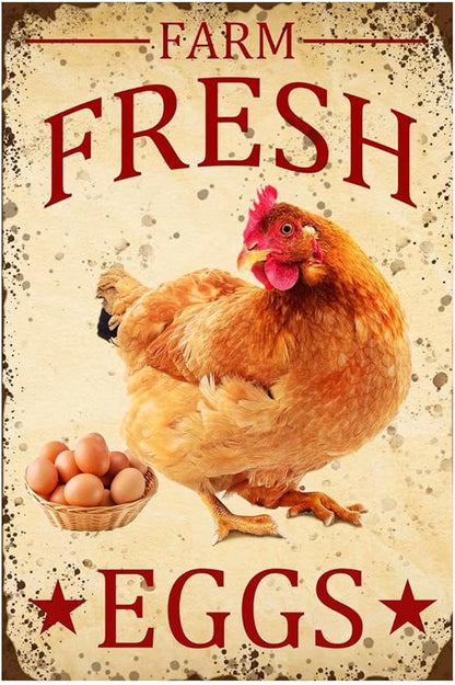 Chicken-Sign Metal-Sign Wall-Art Décor-Yard, Farm Fresh Eggs, Farm Plaque Garden Sign Outdoor Coop Décor for Home Fence 8 X 12 Inches