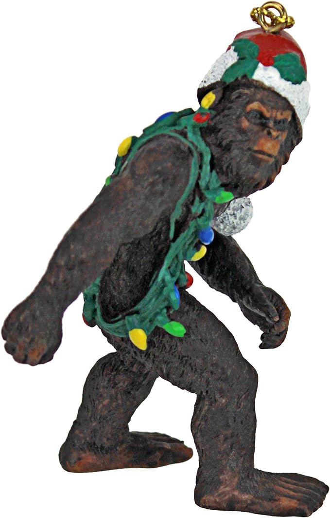 Design toscano yeti with santa hat funny christmas tree ornament, 2 inches wide, 1 inches deep, 3 inches high, brown bigfoot the holiday yetti