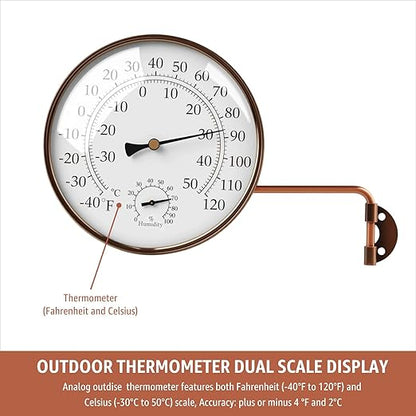 6-Inch Outdoor Thermometer and Humidity Gauge, Window Thermometer for Outside Temperature and Humidity Monitor, Brass Analog Dial, Battery-Free for Patio, Garage, Greenhouse, Garden, Wall